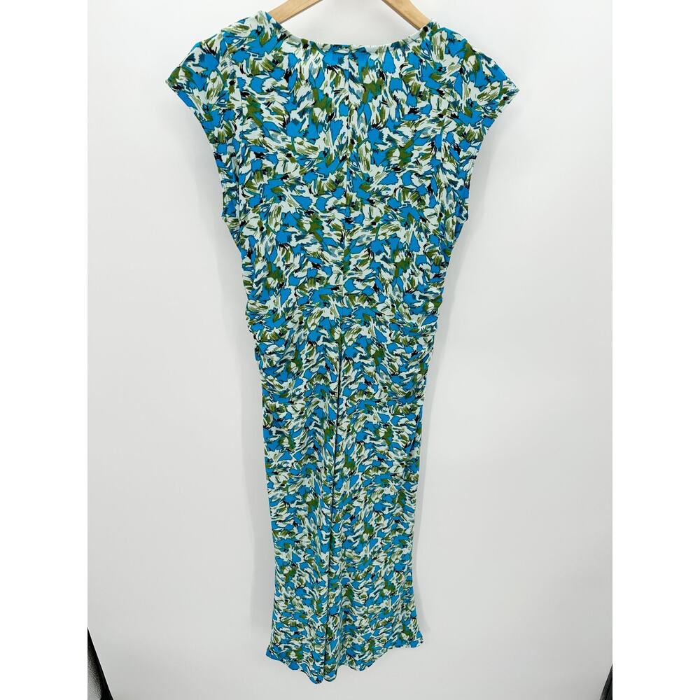Halogen Blue Green Floral Cap Sleeve Ruched Waist Midi Dress HA469372MI Womens S - Picture 2 of 10